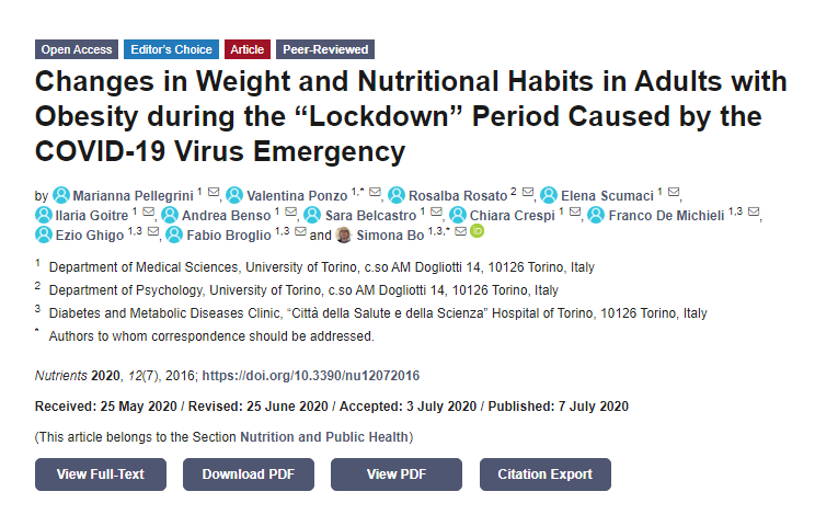 Nutrients_MDPI's tweet photo. #mdpinutrients Read the High Cited Paper from Prof. Simona Bo et al. 
 
📚Changes in #Weight and #Nutritional Habits in Adults with #Obesity during the “Lockdown” Period Caused by the #COVID-19 Virus Emergency

👉https://t.co/lojk3y747W https://t.co/vr4lTOUgjI