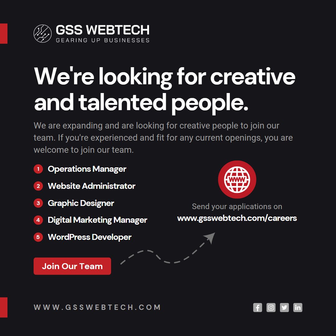 We're growing big and we have space to accommodate more talents on this journey of growth. We are suckers for creativity so if you feel you fit in the role, apply right away!

#gsswebtech #careers #career #talented #job