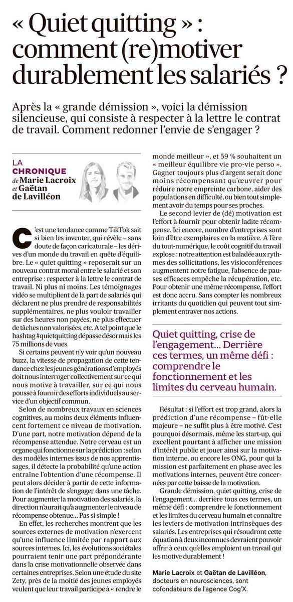Après la grande démission, serait-on face à une vague dite de "quiet quitting" c'est-à-dire un refus des responsabilité et une modération de l'investissement en fonction du niveau de valorisation retour ? 
Comment réengager les collaborateurs ? #vision #team #valeurs #management