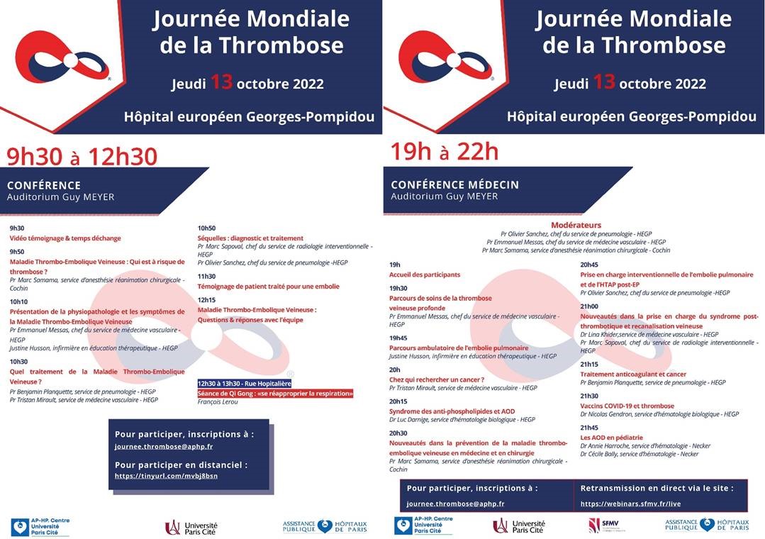 #Journéemondiale de la thrombose 2 conférences sont organisées à @HopitalPompidou @APHP de 9h30 à 12h30 pour les patients et de 19h à 22h pour les professionnels de santé @lina_2411 @MedVasc_HEGP