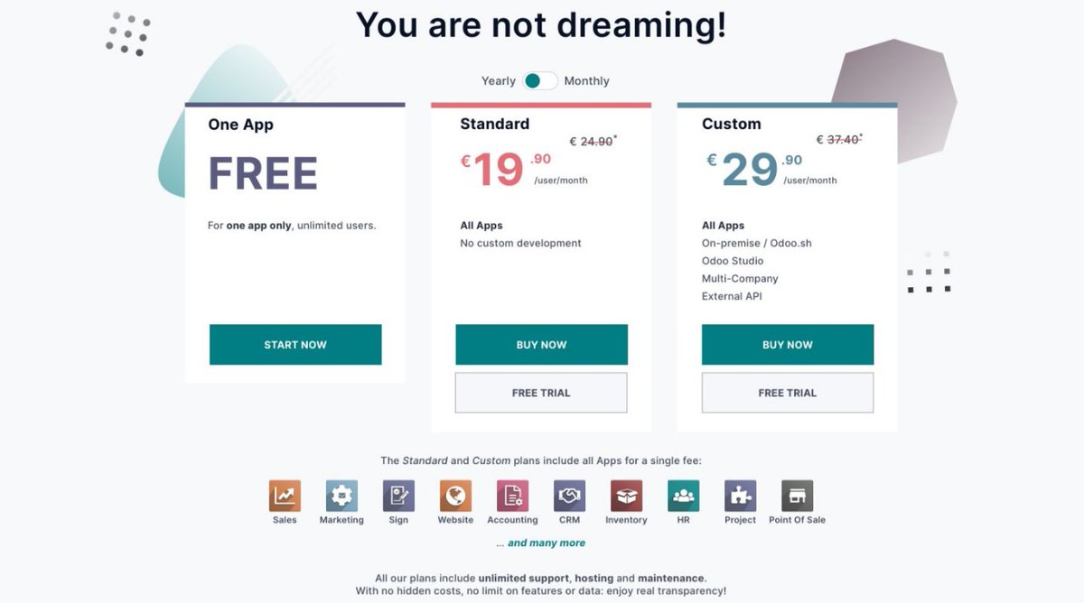 Odoo's tweet photo. We came up with the idea of a single price per user, for all apps. And to grow with the complexity of the project (that reflects the budget of the customer), we designed two plans: standard, and custom. #OdooExperience https://t.co/wmT58lYPv2