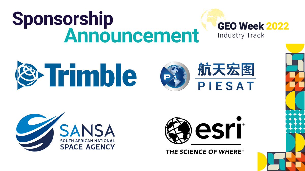 ZASpace_Inc's tweet image. A big thank you to the sponsors for all the support in the success of the GEO Week Industry Track! 

@TrimbleNews  
@Esri  
@piesat1
@SANSA7 

#GEOWeek2022 #GEOWeek22Industry