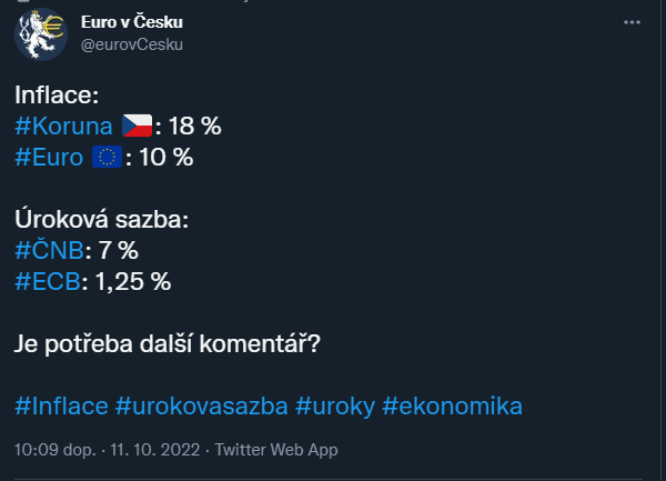 KryptoBlazen's tweet photo. @rozbiteprasatko Výborný.... Mít @eurovCesku tak mají lidé dneska o polovinu menší splátky na Hypo. Byla by menší inflace a celkově bychom se měli líp. https://t.co/FfW1cRQVVc