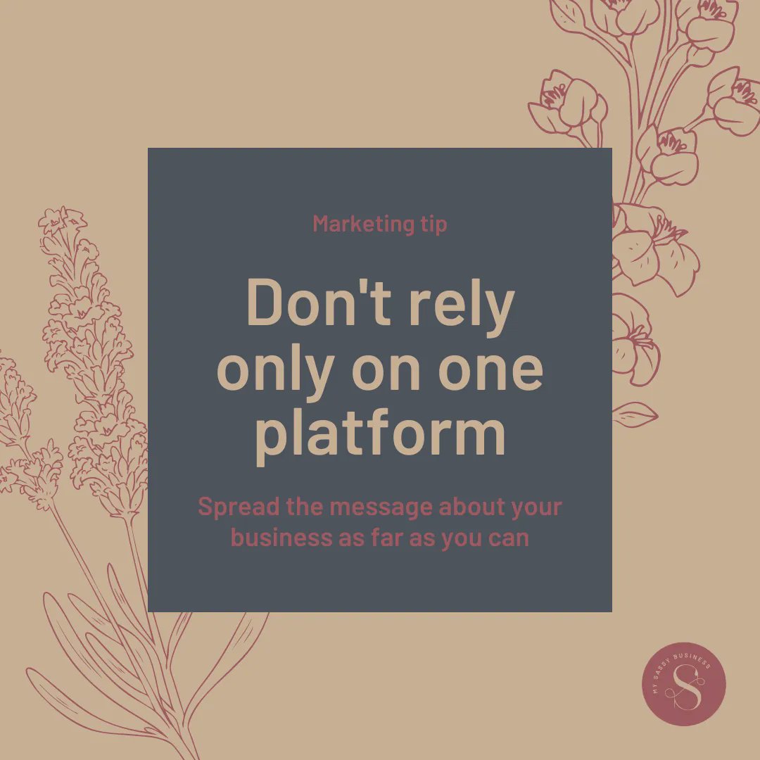 Marketing tip - Don't rely on only one platform for your business. Expand your marketing and expand your reach. 

#mysassybusiness
#marketing #onlinemarketing #seo #socialmediamarketing #socialmedia   #marketingtips #contentmarketing #inboundmarketing #socialmediamanagement