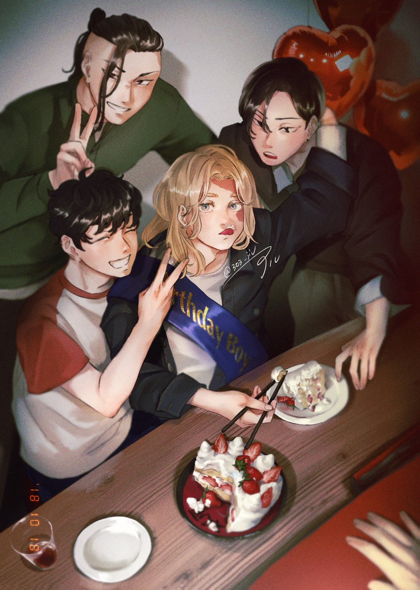 black hair multiple boys food cake blonde hair plate black jacket  illustration images