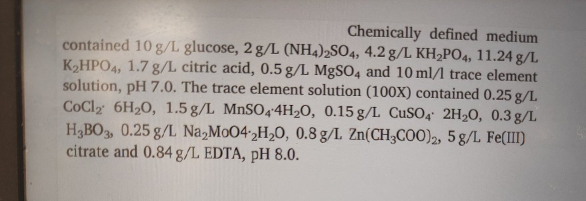 mainalyprashant's tweet photo. @DrShawnL I have been using this recipe to grow engineered E. Coli..in fed batch system with feeding of additional glucose and MgSO4, this media composition has been enough to grow  E. coli till 100 gm/l. https://t.co/MBwHfad6om
