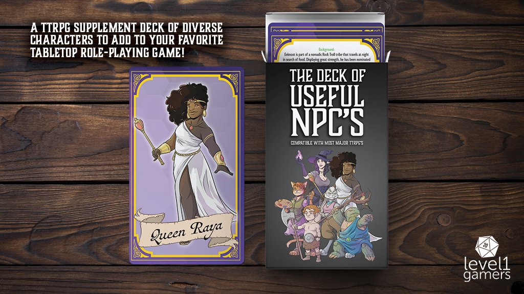LevelOneGamers's tweet photo. Our latest Kickstarter, The Deck of Useful NPC's will be launching soon! Each card has an illustration of the NPC, their background, and a plot hook for your players!  Follow the project page to be notified on launch! 

https://t.co/W9bs7sYoaZ
#dnd #dnd5e #ttrpg https://t.co/a5kX2pkb7W
