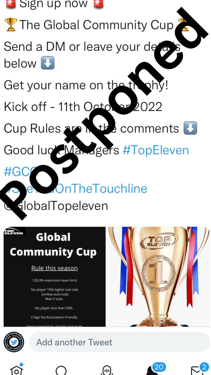 Top11Community's tweet photo. I am really sorry managers but the Global Commubity Cup has been postpone this this season due to health reasons on my behalf.
I am sorry for any inconvenience and we will be back with the Cup soon.
Good luck in your leagues this season #TELL #TEPL #TEGL @topelevenglobal https://t.co/N21qFZzEtm