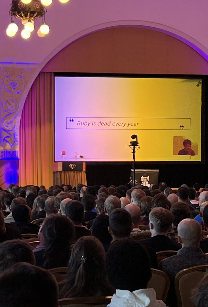 Caffeine108's tweet photo. What a great talk @yukihiro_matz ! Ruby is dead every year! :) #euruko #euruko2022 #rubylovers #rubyfans #rubycommunity https://t.co/1Vlk6hPHP1