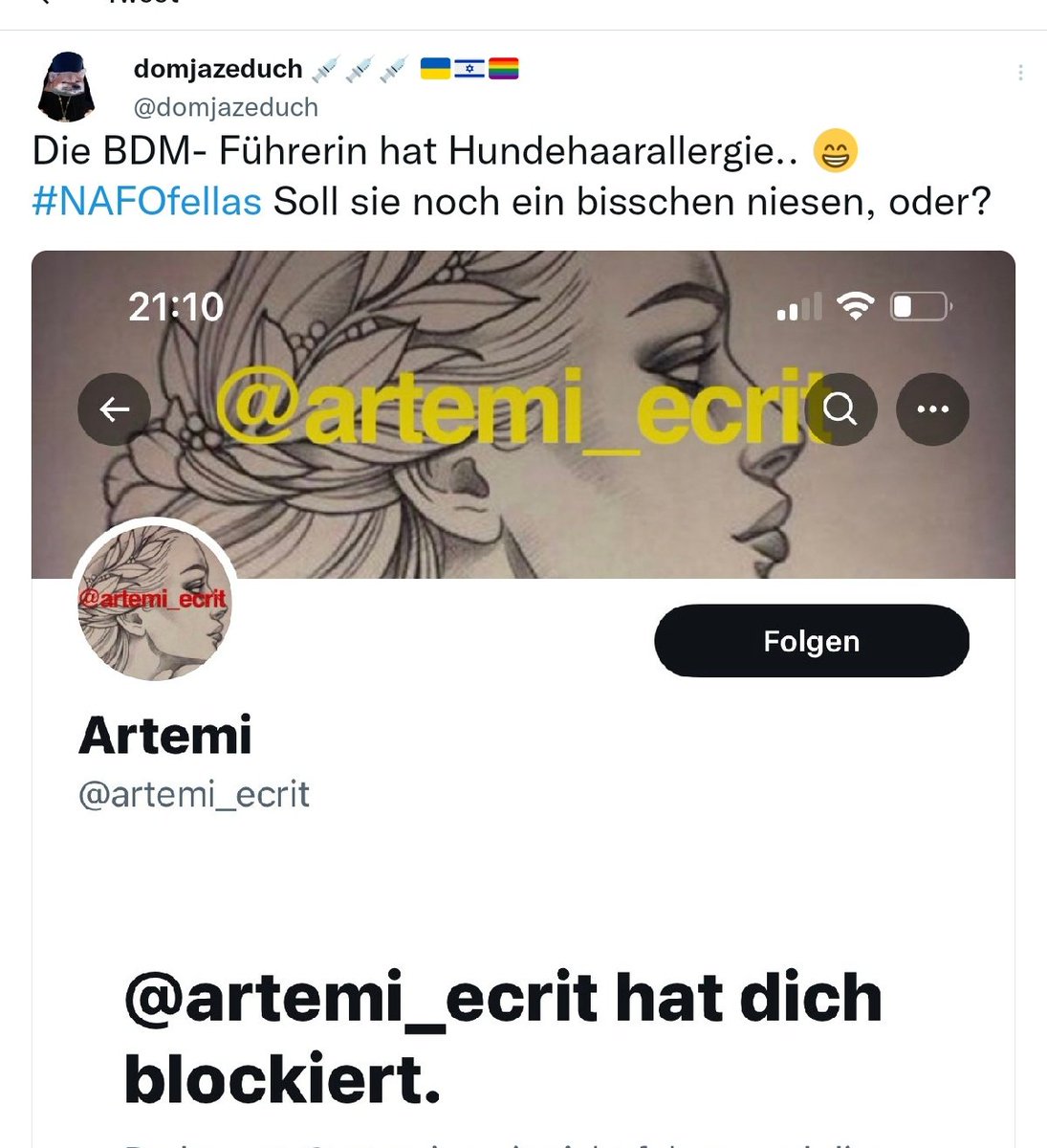 Dringende Blockempfehlung ❗

<a href="/domjazeduch/">domjazeduch 💉💉💉 🇺🇦🇮🇱🏳️‍🌈</a>

Feiger #NAFO Hund, Hetzer und Meldeaccount, der seine Meute auf die liebe <a href="/artemi_ecrit/">Artemi</a>, <a href="/PeterBorbe/">Peter Borbe</a> und viele andere Accounts, aus unseren Reihen, hetzt.

Am Besten, Liker und Follower mit blockieren und teilen!

⬇️