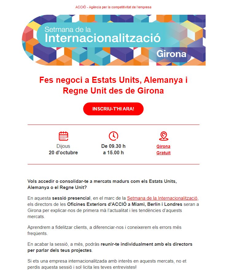 elviversalt's tweet photo. ๐ฃActivitat #recomanda
Organitzada per @accio_cat
'Setmana de la Internacionalitzaciรณ 2022: Fes negoci als Estats Units, Alemanya i Regne Unit des de #Girona
Com accedir i consolidar-se a mercats madurs'
๐๏ธ20 octubre
โ๏ธ9:30h - 15h
โน๏ธ https://t.co/xuyTbfL717 https://t.co/zDiuTa6K0j