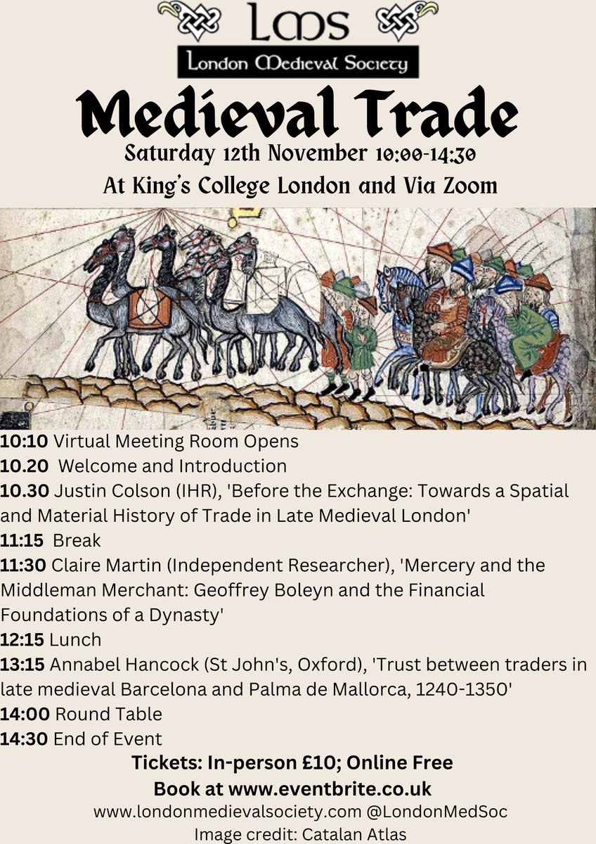 Really excited for <a href="/LondonMedievSoc/">London Medieval Soc</a>'s first event of the year! We'll be looking at 'Medieval Trade' and have some fantastic papers from @dr_j_r_c, Claire Matin and <a href="/annabel_hancock/">Annabel Hancock</a>.

You can buy in-person tickets for £10 or online tickets for free:
eventbrite.com/e/trade-in-per…
