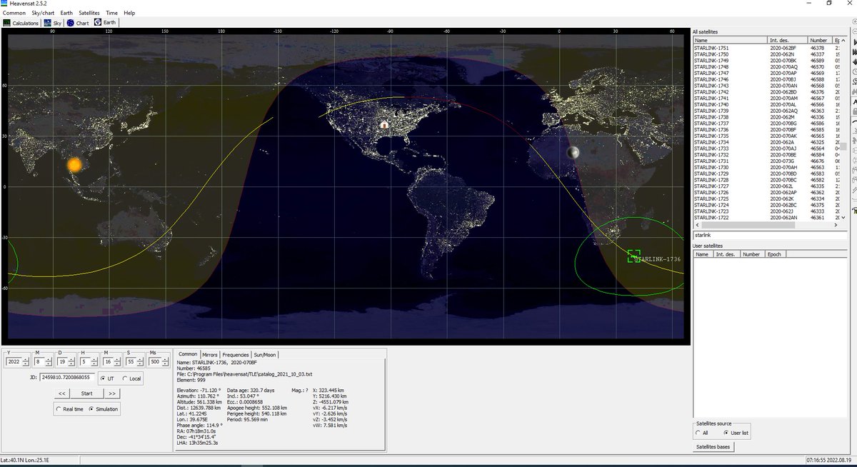 4Eridani's tweet photo. @flarkey @BenHansen00 @ChrisSPITZER7 @flarkey, I was not able to see the satellites you mentioned in my software in that configuration.  However at 0517 UT on 19AUG22 Startlink 2494 is in the correct position, but Starlink 1736 is far, (not even visible) per my TLE database, which was updated yesterday. https://t.co/mB5dYBNqV4