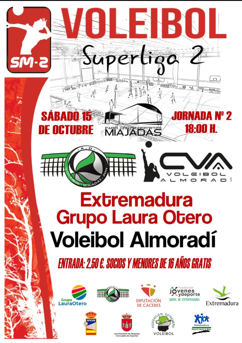 advoleibolmiaja's tweet photo. 🎉🎉 Si Si estamos de fiesta porque vuelve la superliga 2 masculina a Miajadas.🎉🎉

🎫Entrada: 2,50€ no socios.
      Gratis: socios y menores de 16 años.

#ADVM #grupolauraotero #diputaciondecaceres  #FJYD #AyuntamientodeMiajadas https://t.co/STNtB9hegq