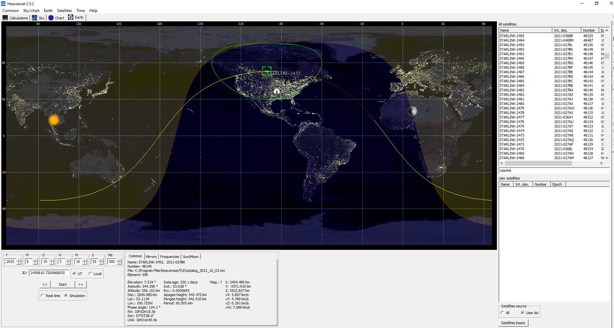 4Eridani's tweet photo. @flarkey @BenHansen00 @ChrisSPITZER7 @flarkey, I was not able to see the satellites you mentioned in my software in that configuration.  However at 0517 UT on 19AUG22 Startlink 2494 is in the correct position, but Starlink 1736 is far, (not even visible) per my TLE database, which was updated yesterday. https://t.co/mB5dYBNqV4