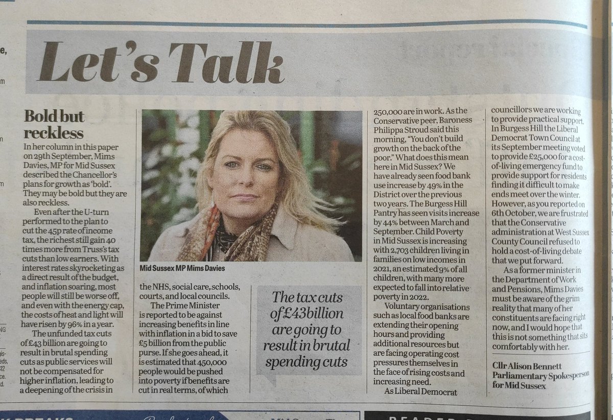 My letter has been published in <a href="/midsussex_times/">Mid Sussex Times</a> in which I argue that benefits should rise in line with inflation

The #CostOfLivingCrisis is having real impacts on Mid Sussex people as seen by rising demand at food banks

Growth cannot be built on the back of the poor