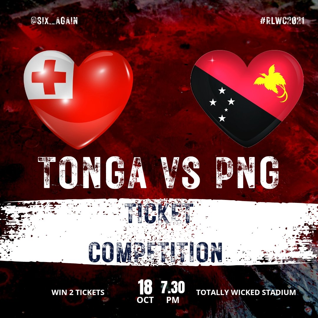 🚨COMPETITION TIME🚨

Win 2 Tickets for Tonga v PNG on Tuesday 18th October at St. Helens

To Win Predict The Final Score Margin of England v Samoa on Saturday (ie Samoa by 10)

In case of multiple winning entries also predict The First Try Scorer &amp; Time of the Try as Tie Breaker