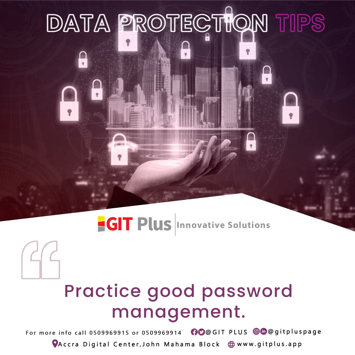 gitpluspage's tweet image. Data Protection Tips: 4
Practice good password management.
Visit us on gitplus.app 
#gitplus
#gitplusacademy
#Data
#protection
#dataprotection