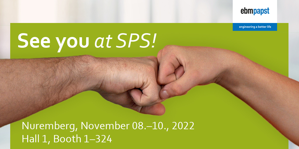 ebmpapst_News's tweet image. Would you like to learn about the latest innovations in smart #systemsolutions? Then visit #ebmpapst at #SPS! We&apos;ll be in Nuremberg from November 8 to November 10, 2022 in hall 1 at booth 1-324! Request your free ticket now: ebmpapstgroup.com/3RIwkFy