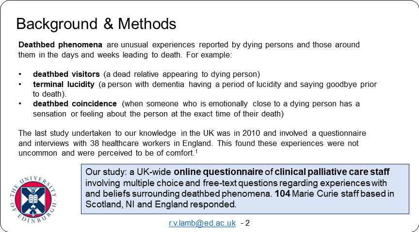 Palliative_Scot's tweet photo. Poster 36 #SPPCPosterParade Palliative Care Workers' Experiences with and Beliefs Surrounding Deathbed Phenomena @rachael_lamb @A_Finucane @MarieCurieSCO @EdinburghUni https://t.co/6kgOt9lfdX