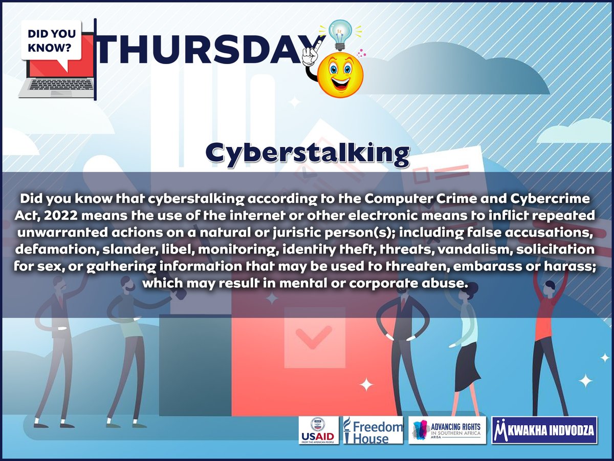 KwakhaIndvodza's tweet photo. Often times we hear someone saying uyang'stalker! #Didyouknow that under the Computer crime and Cybercrime Act of 2022, #cyberstalking is a crime? Check what it entails under the Act #cyberspaces #cyberawareness https://t.co/BMjoI8MZda