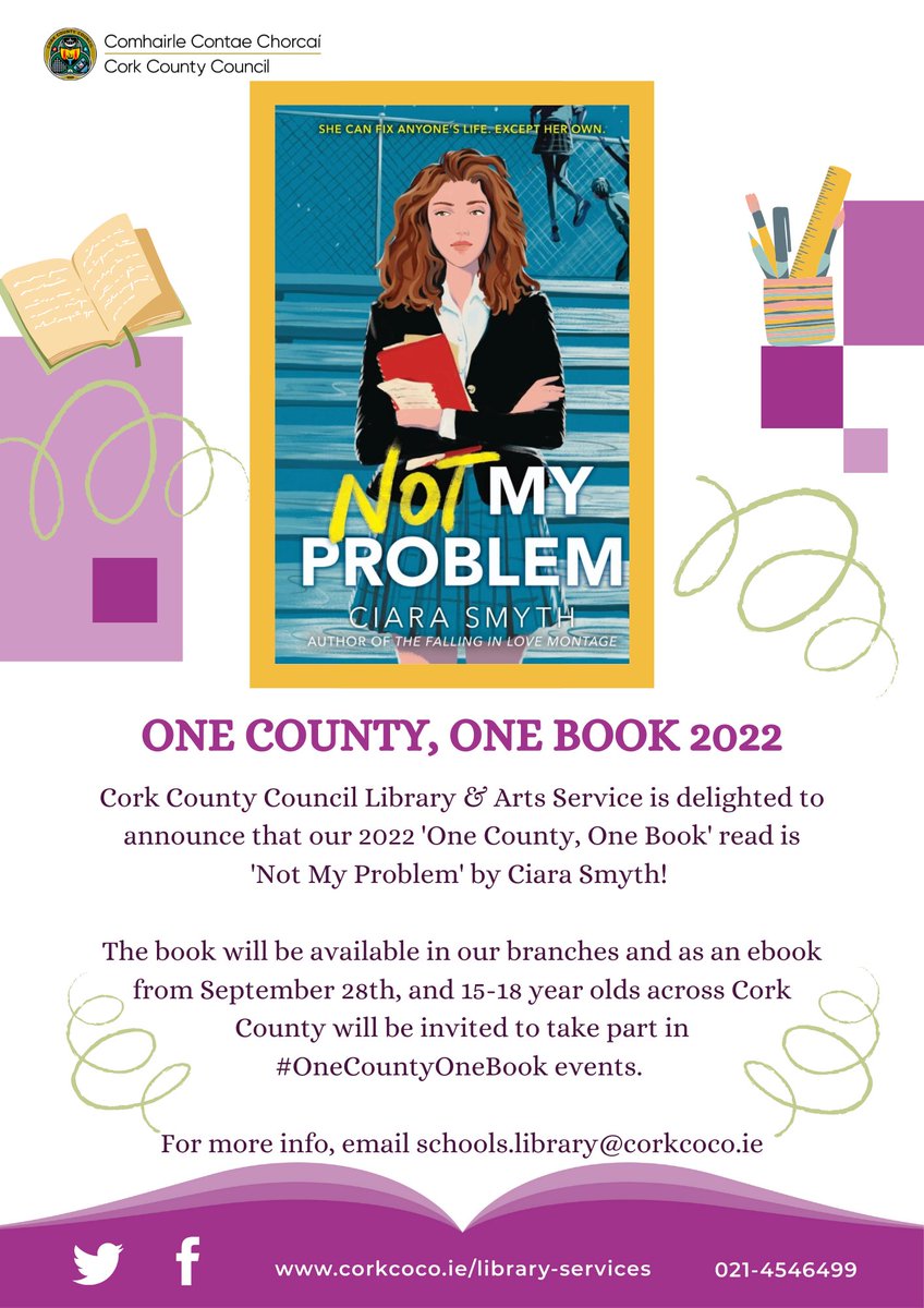 corkcolibrary's tweet photo. Our #OneCountyOneBook initiative has returned this year with Not My Problem by Ciara Smyth!
Young adults & teens in #Cork will be encouraged to read the book, met the author & attend events in November ✏️
Contact schools.library@corkcoco.ie for more info
@Corkcoco @creativeirl https://t.co/wSmLVzZ1Ln