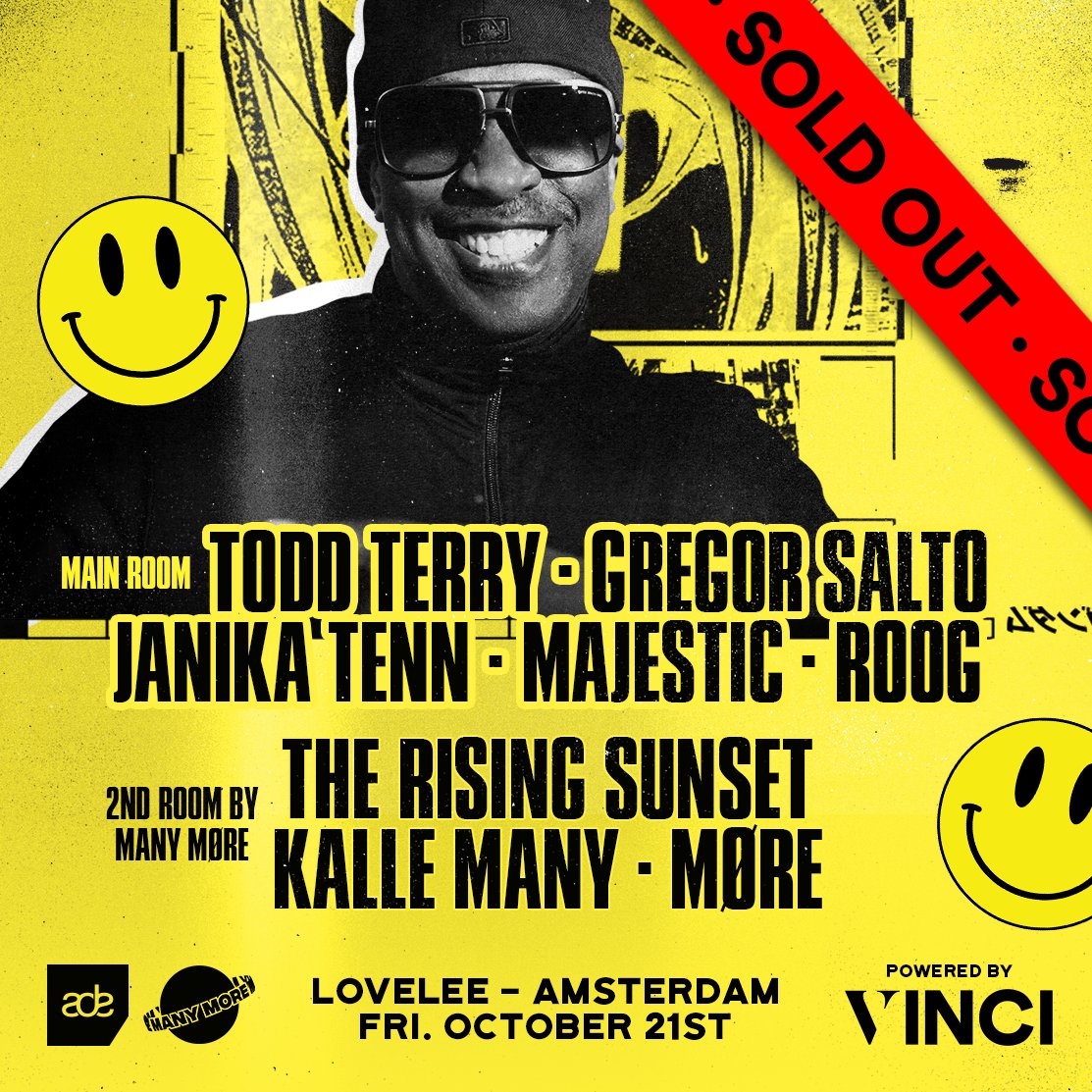 Todd Terry (@djtoddterry) on Twitter photo Next Week <a href="/djtoddterry/">Todd Terry</a> & Friends <a href="/ADE_NL/">AmsterdamDanceEvent</a> 2022 Edition powered by <a href="/byvinci_io/">VINCI✌️</a> <a href="/InHouseRecords/">InHouseRecords</a> <a href="/FreezeRec/">Freeze.Records</a> <a href="/TerminatorRec/">Terminator Records</a> w/ <a href="/roogofficial/">ROOG</a> <a href="/GREGORSALTO/">Gregor Salto</a> <a href="/JanikaTenn/">Janika Tenn</a> <a href="/MajesticOnline/">MAJESTIC</a>
Friday October 21 at Lovelee - #Amsterdam
#toddterry #djlife
Info here: eventix.shop/c633skwd Next Week <a href="/djtoddterry/">Todd Terry</a> & Friends <a href="/ADE_NL/">AmsterdamDanceEvent</a> 2022 Edition powered by <a href="/byvinci_io/">VINCI✌️</a> <a href="/InHouseRecords/">InHouseRecords</a> <a href="/FreezeRec/">Freeze.Records</a> <a href="/TerminatorRec/">Terminator Records</a> w/ <a href="/roogofficial/">ROOG</a> <a href="/GREGORSALTO/">Gregor Salto</a> <a href="/JanikaTenn/">Janika Tenn</a> <a href="/MajesticOnline/">MAJESTIC</a>
Friday October 21 at Lovelee - #Amsterdam
#toddterry #djlife
Info here: eventix.shop/c633skwd