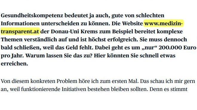 Vielen Dank an <a href="/koeksal_baltaci/">Köksal Baltaci</a> für den Hinweis auf unsere Arbeit! Wir möchten weiterhin dazu beitragen, die Gesundheitskompetenz in Österreich zu fördern. Wir freuen uns darauf, Ihnen unser Projekt näher vorstellen zu dürfen, <a href="/johannes_rauch/">Johannes Rauch</a>. Zitat aus "Die Presse", 07.10.2022⬇️