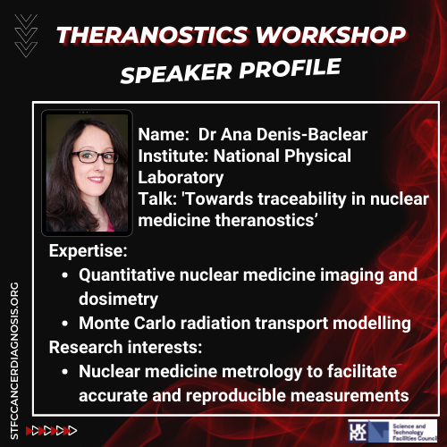 STFC Cancer Diagnosis Network+ (@stfc_cdn) on Twitter photo Cancer Theranostic Workshop- 28th Nov
Register:shorturl.at/kqCN4
Speaker 2 <a href="/DrADenisBacelar/">Ana Denis-Bacelar</a> Senior Nuclear Medicine Research Scientist <a href="/npl/">NPL</a>. Former research fellow <a href="/ICR_London/">The ICR</a>. Committee member <a href="/EanmPhysics/">EANM Physics Committee</a> <a href="/EFOMP_org/">EFOMP</a> <a href="/IOPMED/">IOP Medical Physics Group</a>
#MRTDosimetry #NuclearMedicine #theranostics Cancer Theranostic Workshop- 28th Nov
Register:shorturl.at/kqCN4
Speaker 2 <a href="/DrADenisBacelar/">Ana Denis-Bacelar</a> Senior Nuclear Medicine Research Scientist <a href="/npl/">NPL</a>. Former research fellow <a href="/ICR_London/">The ICR</a>. Committee member <a href="/EanmPhysics/">EANM Physics Committee</a> <a href="/EFOMP_org/">EFOMP</a> <a href="/IOPMED/">IOP Medical Physics Group</a>
#MRTDosimetry #NuclearMedicine #theranostics