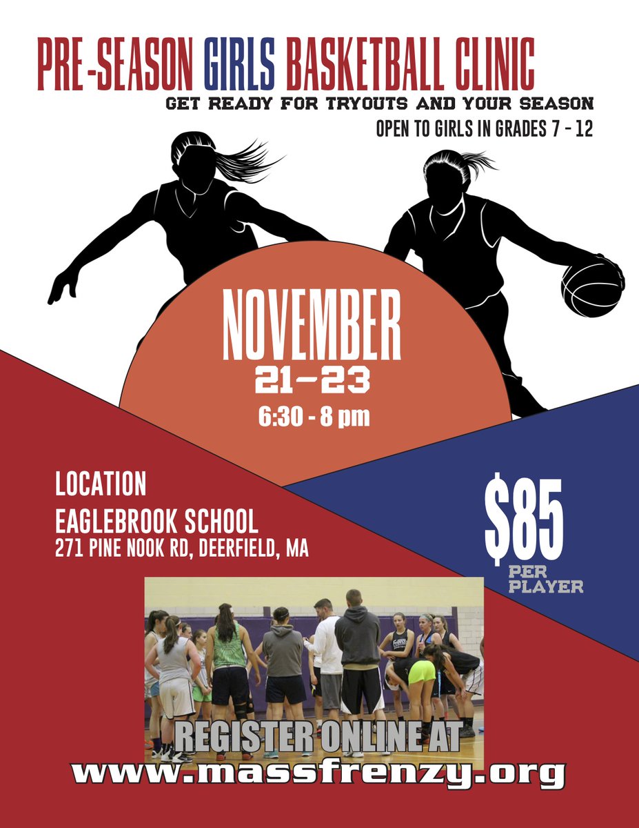 LOCATION CHANGE
Pre-Season Skills &amp; Conditioning Clinic

Registration is now open for girls in grades 7 thru 12
Nov. 21-23 at The Eaglebrook School
6:30 - 8 pm each night

Do not need to be a current Frenzy player to register.
Register Online - massfrenzy.org/pre-season-cli…