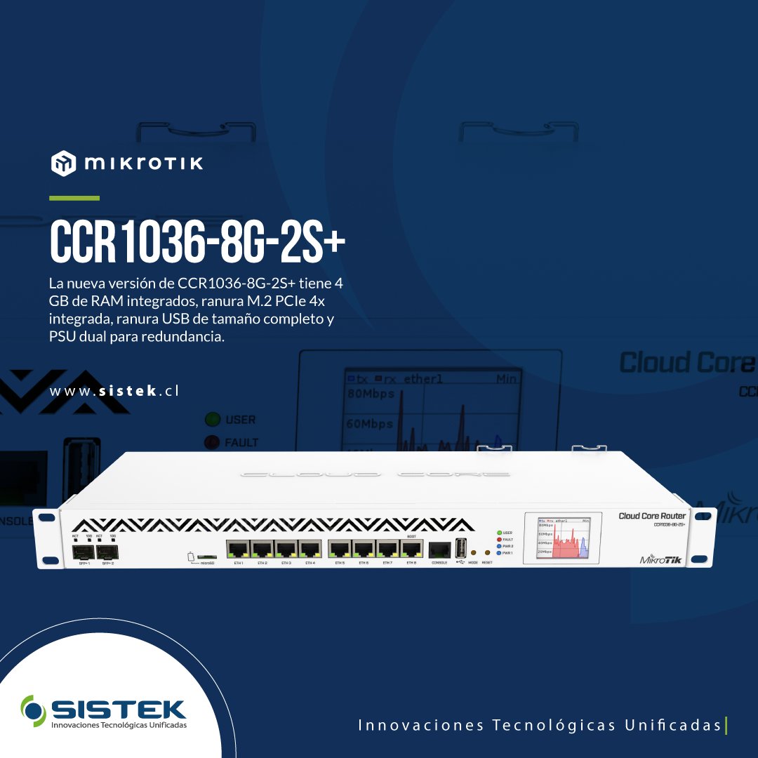 SistekChile's tweet image. El nuevo CCR1036-8G-2S+ ahora tiene dos puertos SFP+ para compatibilidad con interfaz 10G (módulo SFP+ disponible por separado) y CPU Tilera de 36 núcleos.

📱Cotiza al 22 751 9333 o a gcomercial@sistek.cl⁣⁣⁣⁣

#sistek #mikrotik #ccr1036