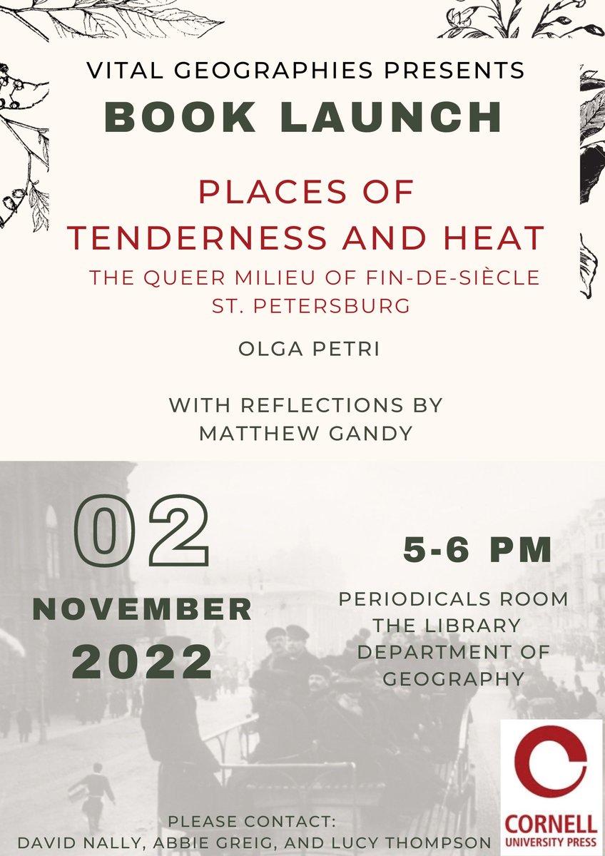 Join us in early November for the Cambridge book launch of Vital Geographies member @olga_petri's 'Places of Tenderness and Heat'!