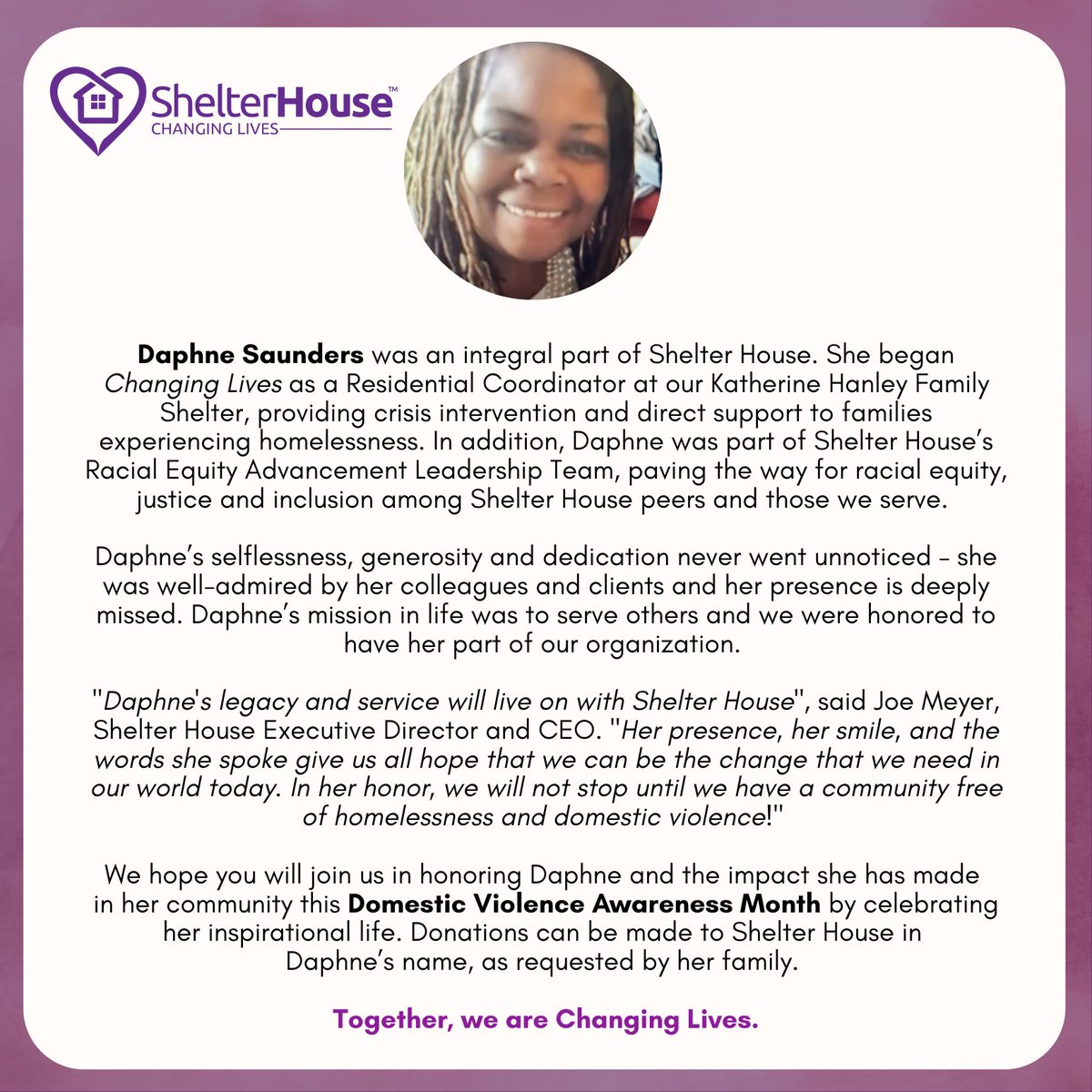 ShelterHouseInc's tweet photo. We dedicate this Domestic Violence Awareness Month in Loving Memory of Daphne Saunders💜 Tomorrow is the last day to purchase your "Love Shouldn't Hurt" t-shirt in Daphne's memory: https://t.co/aLhQ2wJBUM https://t.co/2Yr6poUMpO