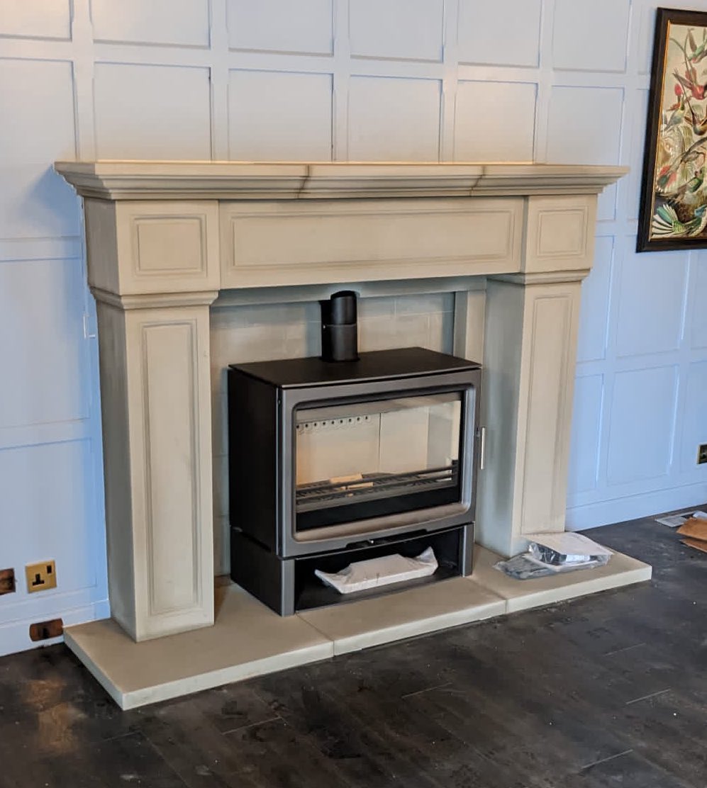 Working hand in hand with a local fireplace shop, this humongous fireplace is now finished! We made this fireplace from locally quarried Morley Grey #yorkstone #Britishstone #stonemasonry #Stonefireplace #bespoke #custom #solidstone