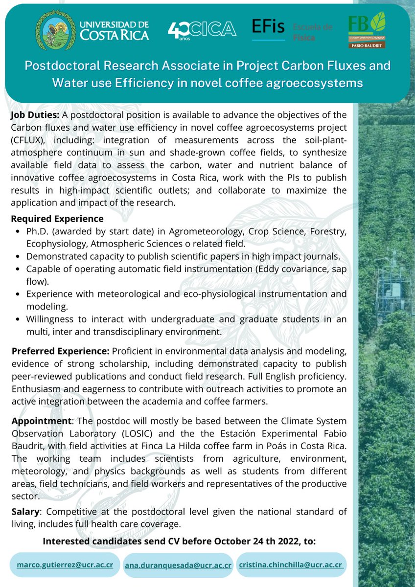 RossGuerrieri's tweet photo. 🍃Post-doc opportunity at the Universidad de Costa Rica working on carbon fluxes and water-use efficiency in novel coffee agroecosystems. More info 👇👇👇 https://t.co/u2NxTpCamF
