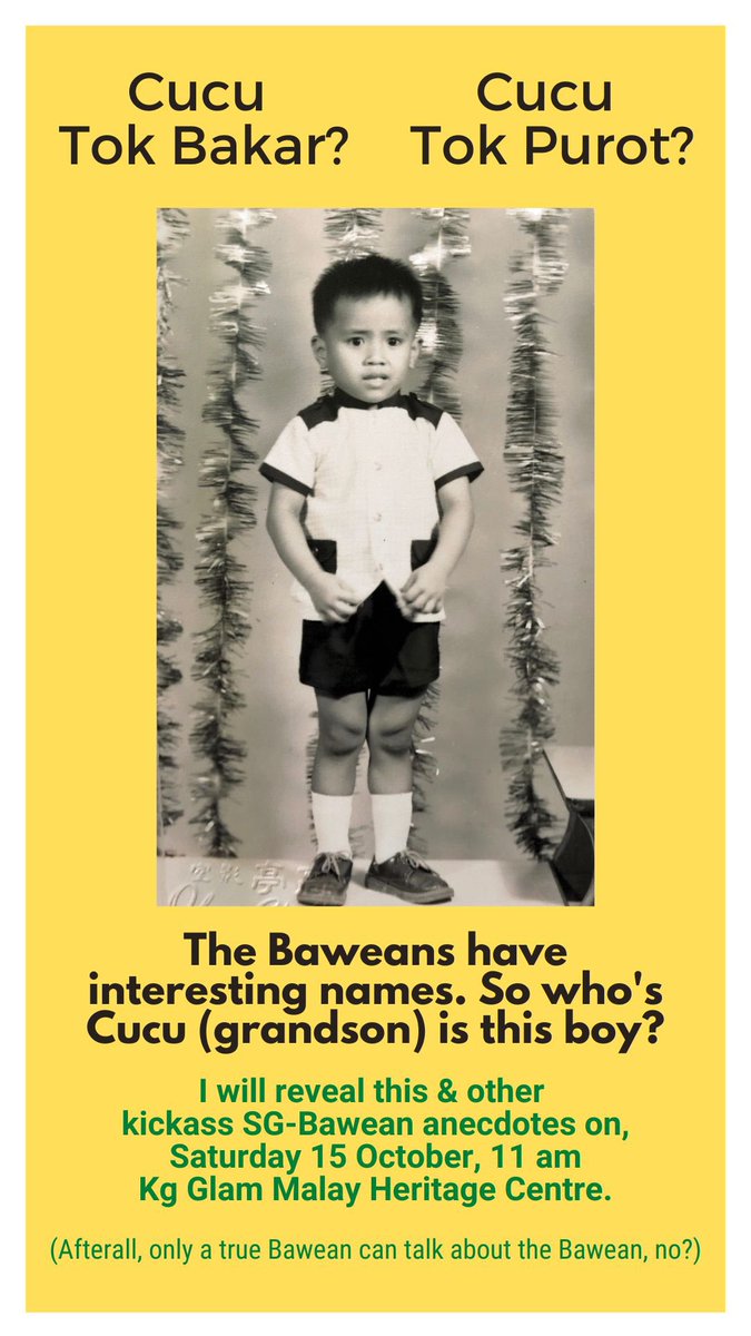 sanifoo's tweet photo. An actual SG-Bawean talks about the his own people, the SG-Bawean, like it is 😜😎

When: Saturday 15 October, 11am
Where: Kg Glam Malay Heritage Centre, Singapore

#sgheritage #sgculture #heritage #bawean #sgbawean #boyan #phebien #malay https://t.co/TyB3dMwUeP