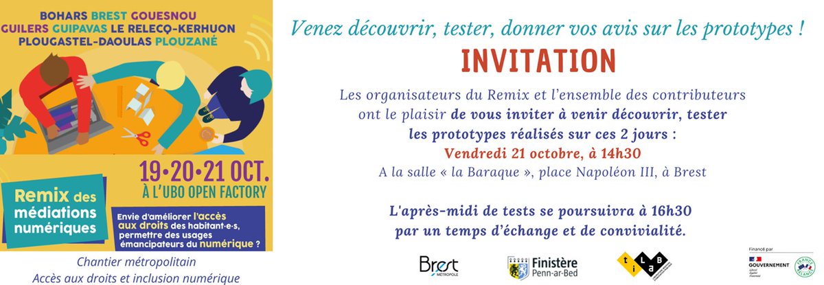 #RemixMedNum #invitation #Brest

📢Venez découvrir, tester et donner vos avis sur les prototypes réalisés lors du remix des médiations numériques
 
🗓️rendez-vous : vendredi 21 octobre à 14h30 
Salle la baraque, place Napoléon III à Brest