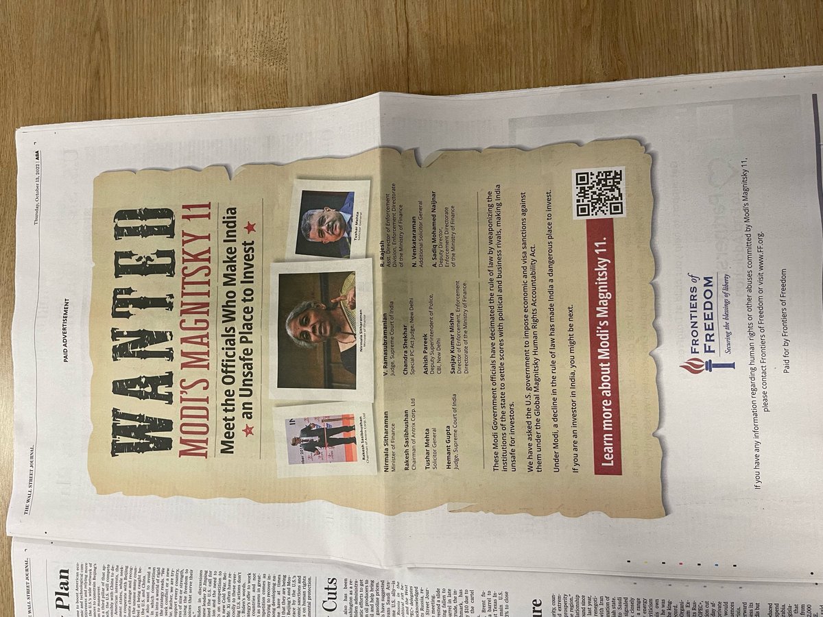 GLandrith's tweet photo. Check out pg. A8A of the @WSJ DC edition today for @Fof_Liberty 's newest ad exposing #IndiasMagnitsky11 &amp; @FinMinIndia @NirmalaSitharaman 's actions that have decimated the rule of law &amp; investment climate in India https://t.co/6aiVHrq6A6