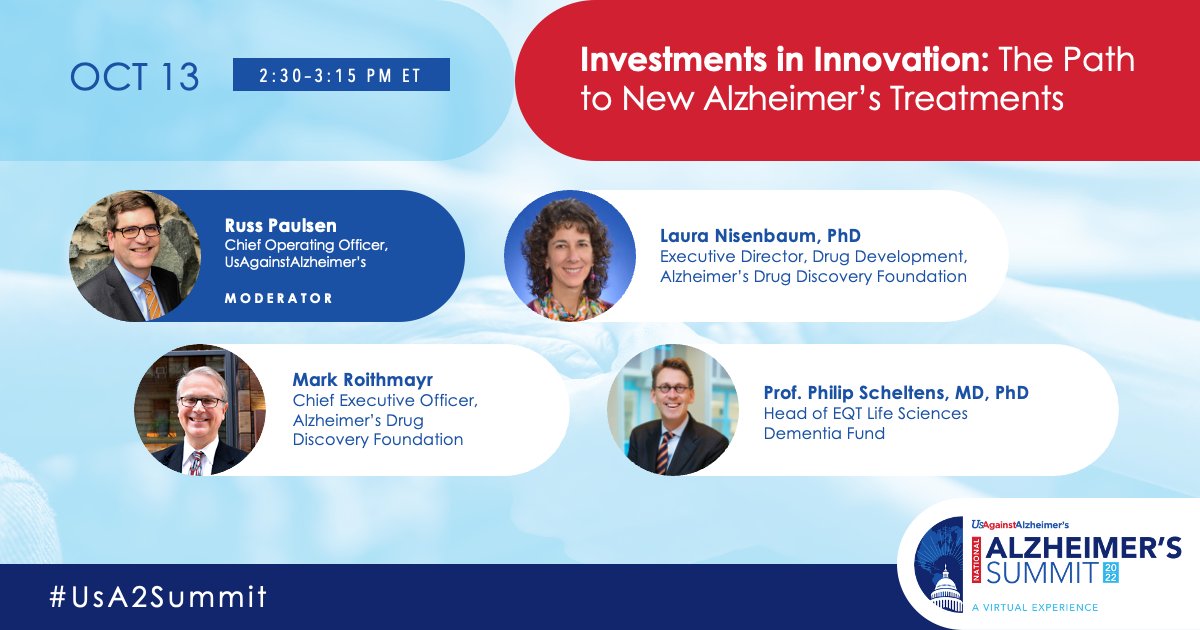 TheADDF's tweet photo. Tune in to @UsAgainstAlz Summit at 2:30 ET to hear where investments must be made to shape the #Alzheimers field for the best path to effective treatments, moderated by @RussPaulsen and featuring @PhilipAlz and ADDF's @markroithmayr &amp; Dr. Laura Nisenbaum: https://t.co/HQiFodkhOr https://t.co/IwHArmh16u