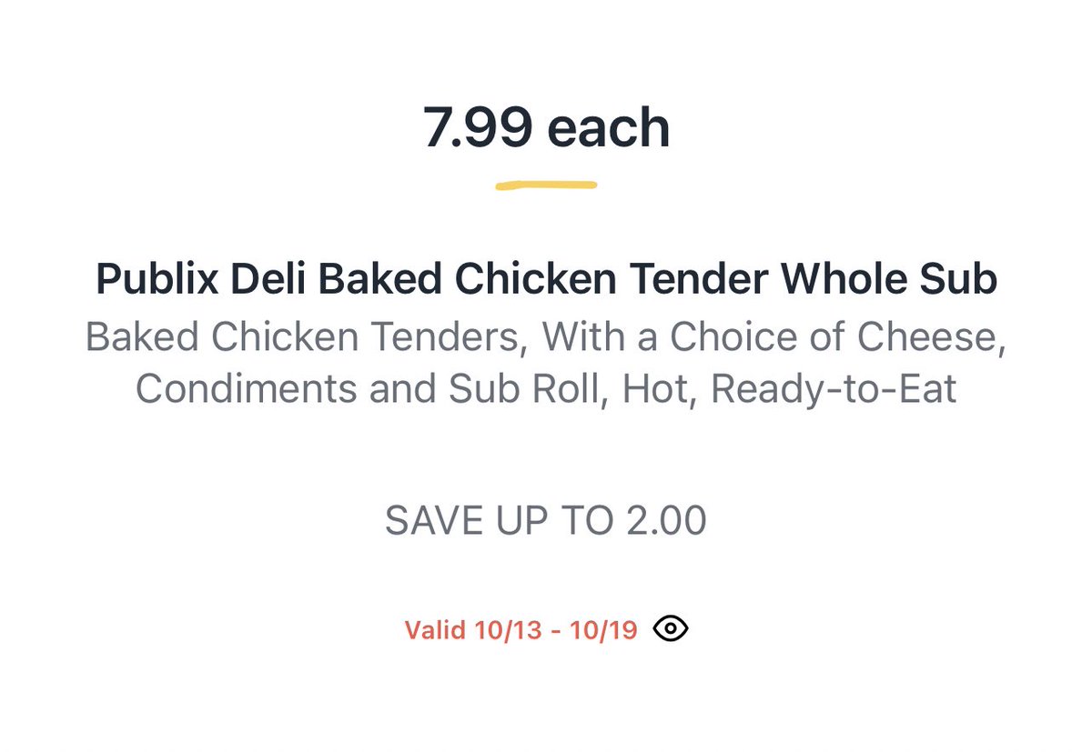 PubSubs_on_sale's tweet photo. No.

Publix Baked Chicken Tender subs are $7.99 (10/13-10/19). https://t.co/EANmQ5jjBH