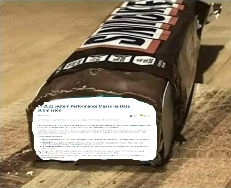 HmisMemes's tweet photo. Check you Halloween candy carefully, someone found a HUD reminder for SPM's hidden inside a Snickers bar. #HMISAdminLife https://t.co/4yty8X89g7