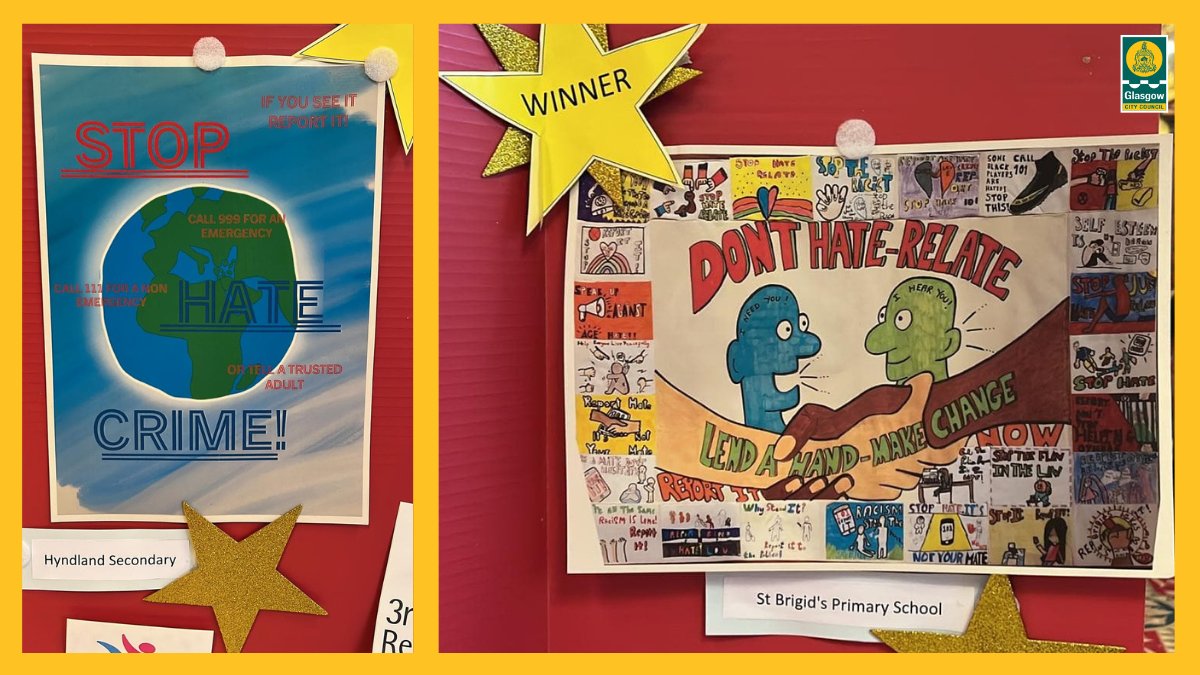Congratulations 🎉 to @HyndlandSec and @StBrigidsPS for winning the #NationalHCAW poster competition. As a prize for their efforts to raise awareness of how to report hate crime, the artists behind these posters have won tickets to see <a href="/Cal_Gladiators/">Caledonia Gladiators</a>  🏀- well done!