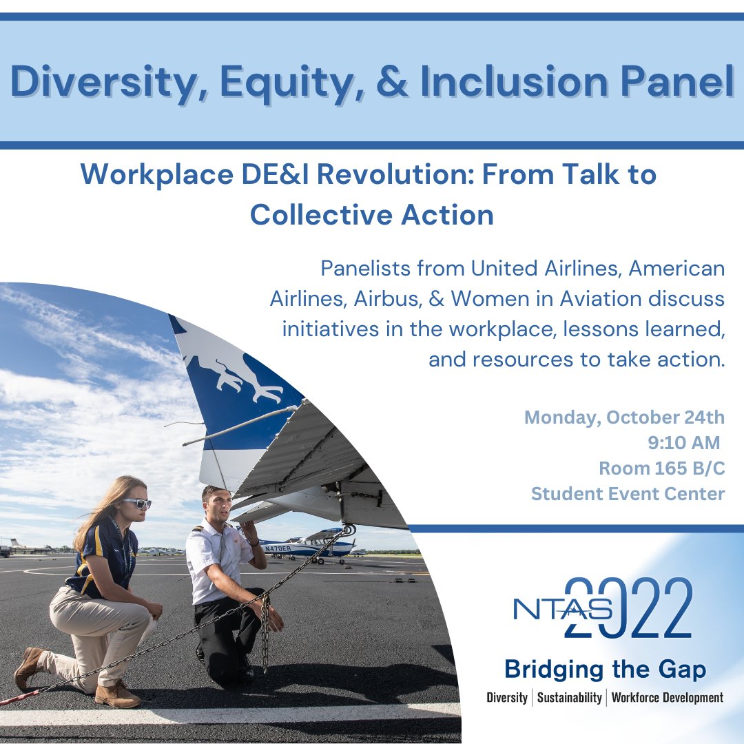 The National Training Aircraft Symposium is just around the corner! ✈️🦅

If you are interested in the topic of DE&amp;I in the aviation industry, head over to the Student Event Center on October 24th to hear from our panelists who are DE&amp;I leaders in the industry!

#NTAS2022