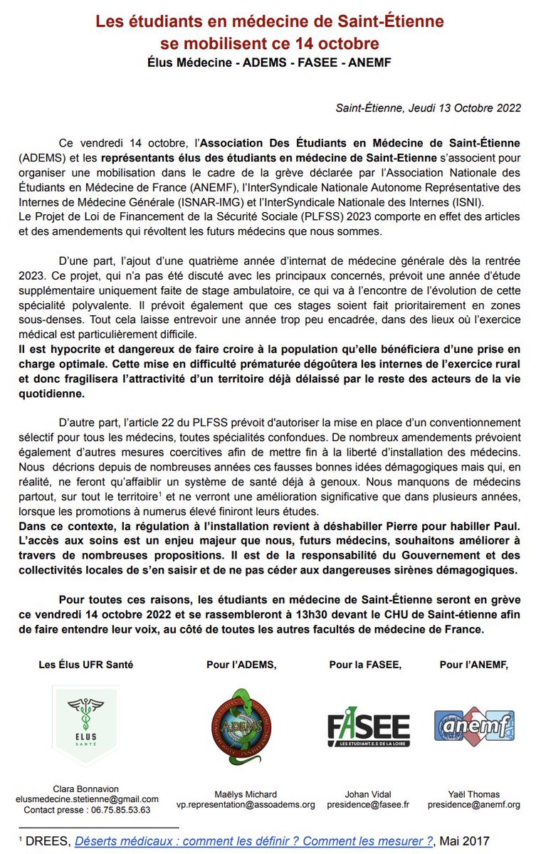 #NONàlacoercition ❌

Suite au préavis de grève déposé par l'<a href="/ANEMF/">ANEMF</a>, les #étudiants en #médecine stéphanois se mobilisent contre la #4eAMG et les mesures coercitives du <a href="/gouvernementFR/">Gouvernement</a> prévues dans le #PLFSS2023

Rassemblement le 14/11 à 13h30 devant le #CHU de St-Etienne 📣