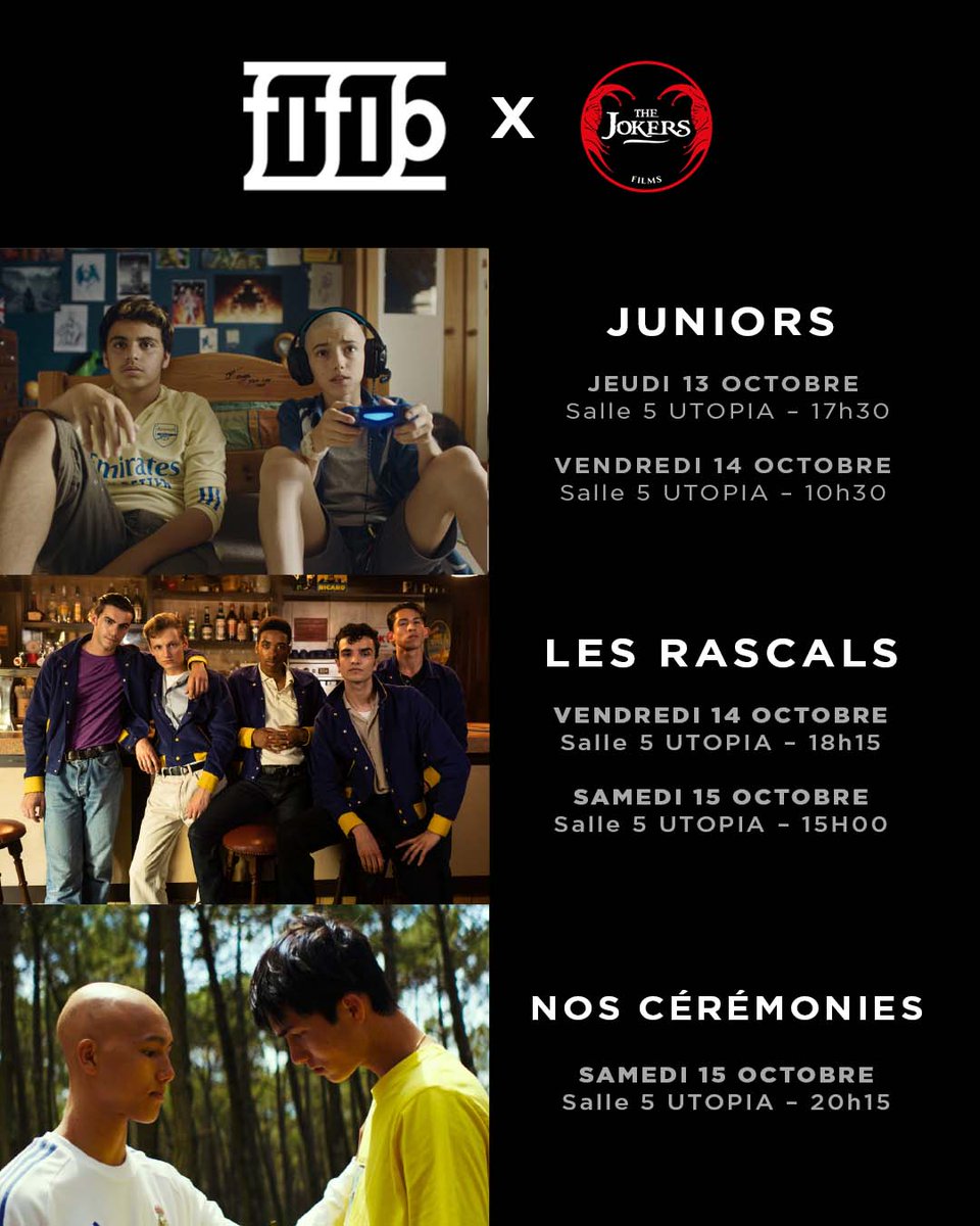 Trois films qui parlent de la jeunesse d’hier et d’aujourd’hui passent au <a href="/fifib33/">FIFIB</a>  !

Partez à la rencontre des pré-adolescents turbulents de #Juniors, les ados solaires de #NosCérémonies, et les jeunes adultes engagés de #Rascals🔥

Lien de résa : bit.ly/Fifib_Jokers