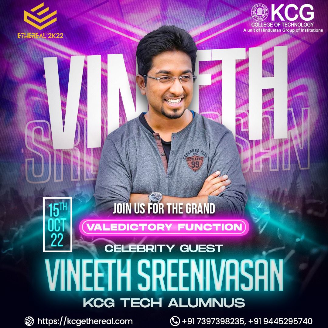 KCGtechnology's tweet photo. We are excited to announce our celebrity guest for the grand Valedictory Function of KCG Ethereal 2K22, the genius behind the magic of Hridayam - Director, Actor &amp; Musician Extraordinaire, our beloved alumnus Vineeth Srineenivasan!
@Vineeth_Sree 
#Ethereal2K22 #KCGEthereal https://t.co/8thtzaI2gm