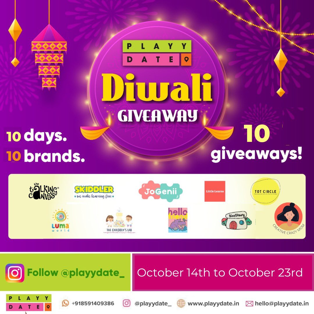 Playydate_'s tweet photo. #ContestAlert
Our BIGGEST Giveaway is here to make your Diwali even more special!
10 Days, 10 Brilliant Brands, 10 giveaways!
Our giveaway partners include the best learning products and children's brands. Our first giveaway goes LIVE
tomorrow on our Instagram page. https://t.co/KEphhI3Bnr