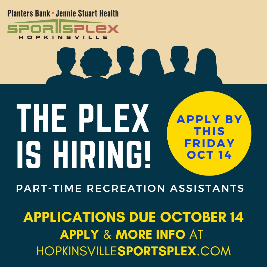 ⚽️ Looking for a fun, sports-centered, part-time job? We're looking to hire energetic individuals as Recreation Assistants at #ThePlex!
➡️ Deadline to apply is tomorrow, Fri, Oct 14.
Apply at hopkinsvillesportsplex.com
#hopkinsvillesports #hopkinsvillejobs #hopkinsville #parttimejob