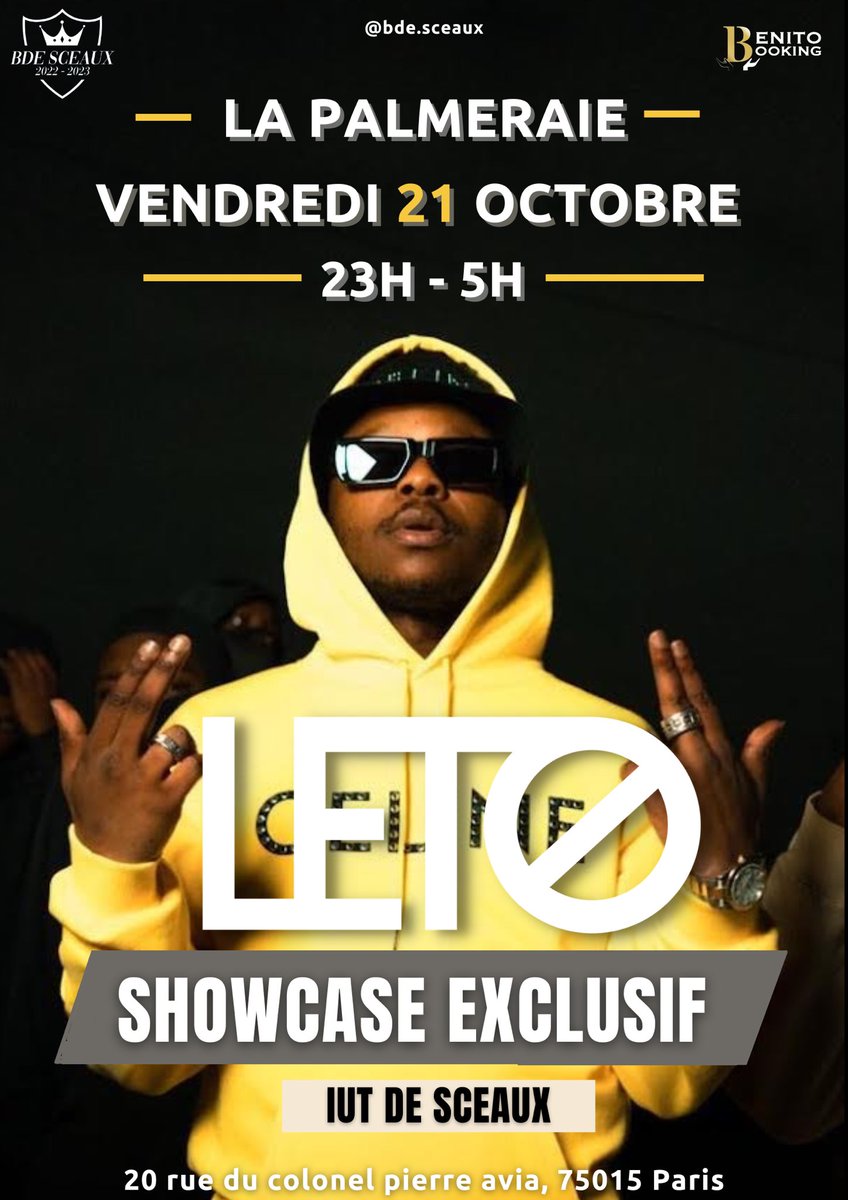 BdeSceaux's tweet photo. Rendez-vous le 21 octobre à la Palmeraie pour LA soirée d’intégration de l’IUT de sceaux avec un showcase exclusif de LETO🤯

Et oui Mozart capitaine jackson sera présent alors ne loupe pas ça et prend vite ta place dans notre bio 😏

L’événement est ouvert aux externes🥳🕺 https://t.co/Nnr5iU2Okt