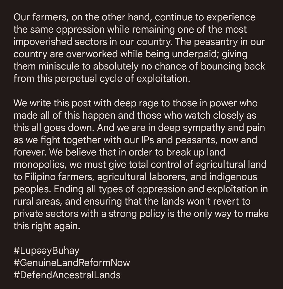 This October, the UP Sigma Alpha Sorority-Los Banos Chapter is in one with the Indigenous People and the farmers of our country and their long, continuous fight for rights to their land, livelihood, and general welfare.

#LupaayBuhay
#GenuineLandReformNow
#DefendAncestralLands